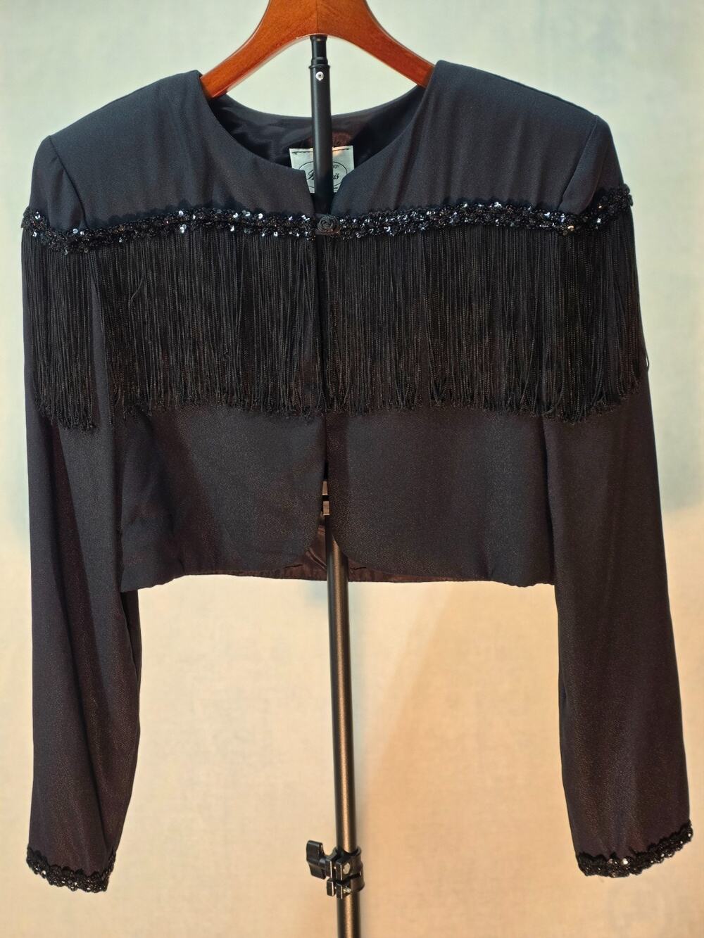 VTG 80s Evenings‎ by Pantagis Black Cropped Bolero Jacket Beaded Fringe (S/M)